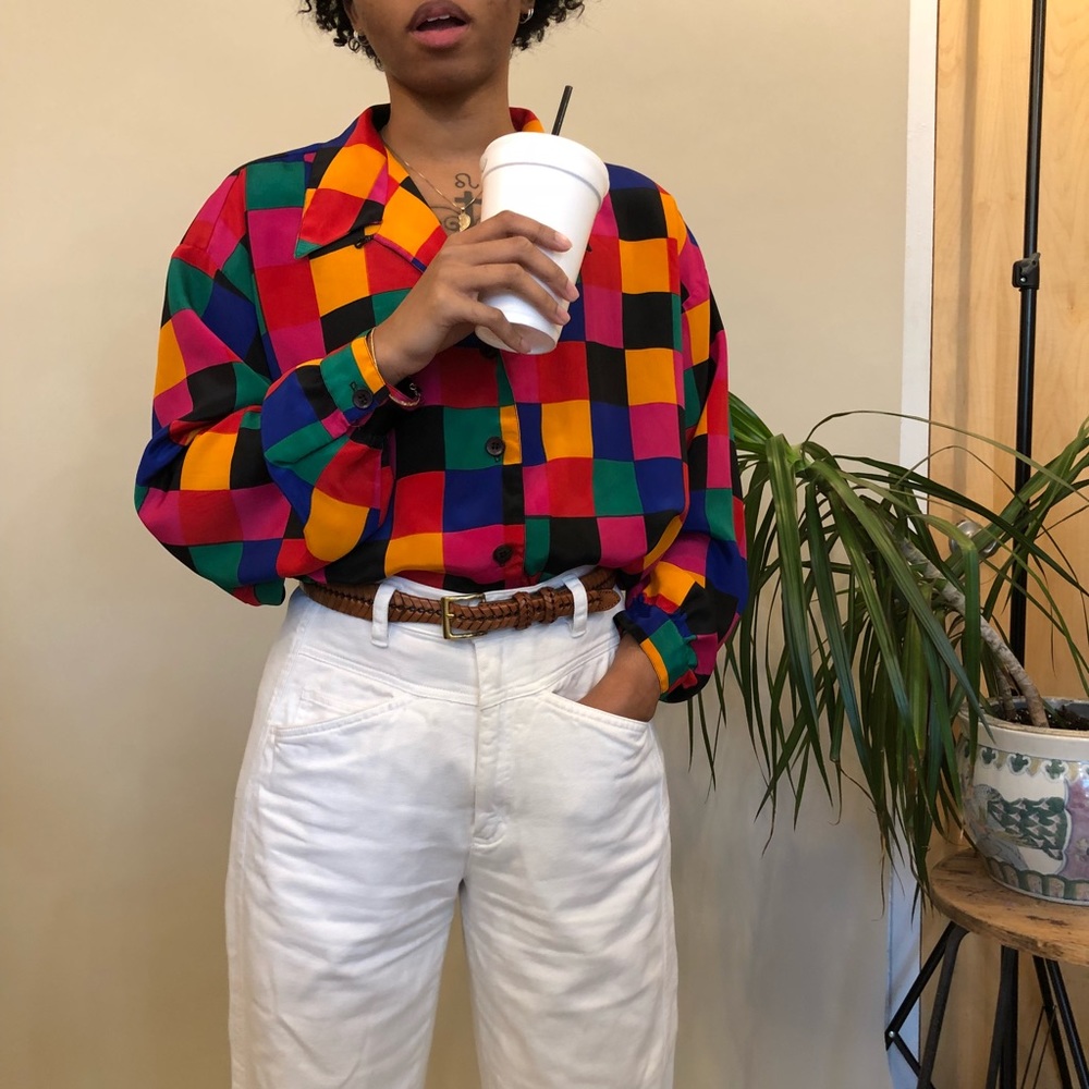 VINTAGE 80s Multi-Color Silky Button-Up Blouse